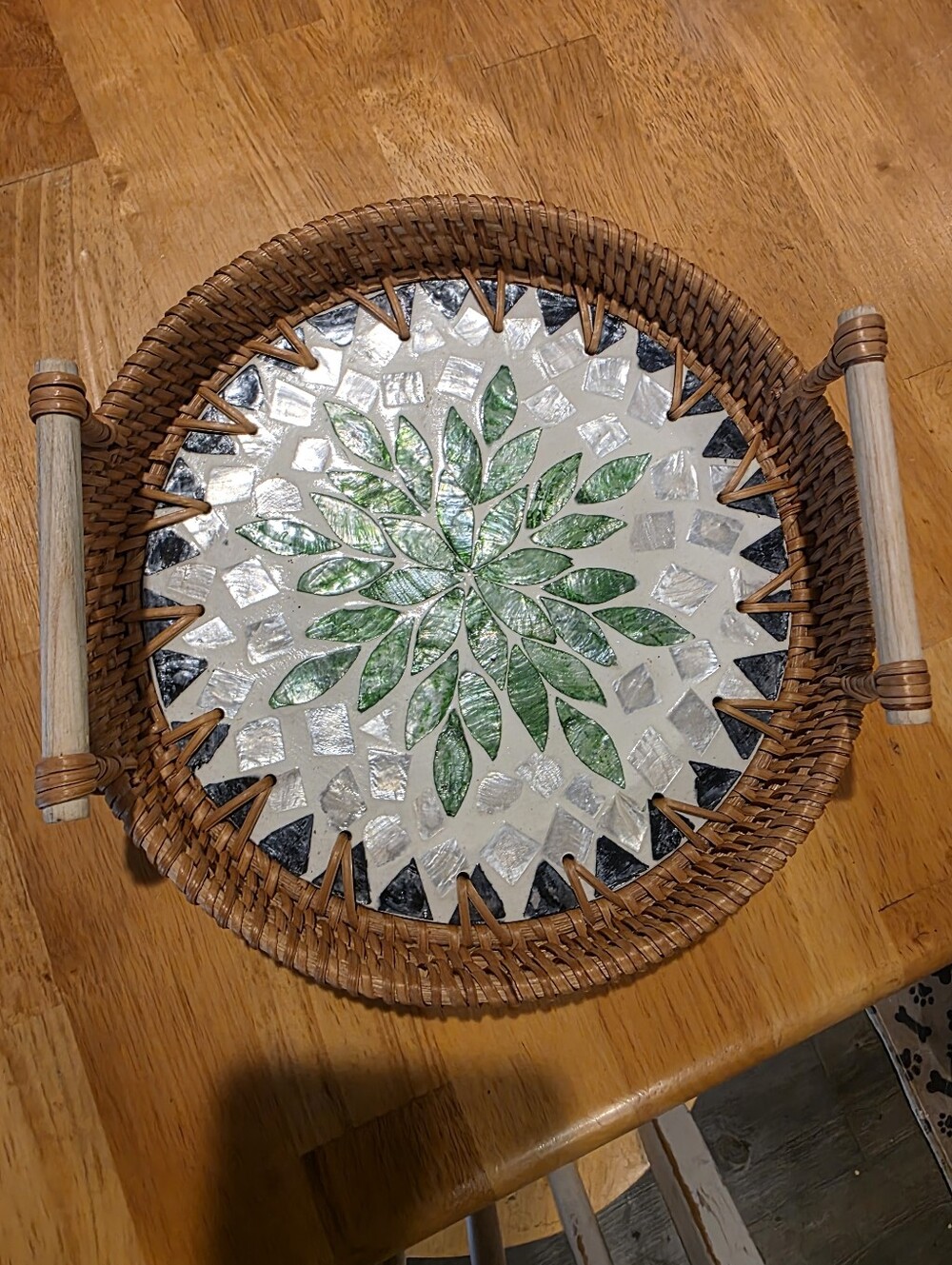 Woven Rattan Tray with Green Mosaic Leaf Design